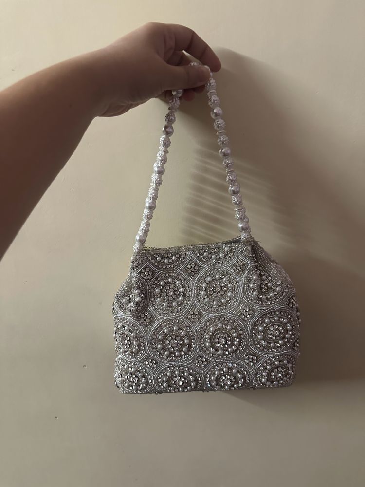 White Pearl Designer Hand Bag For Ladies