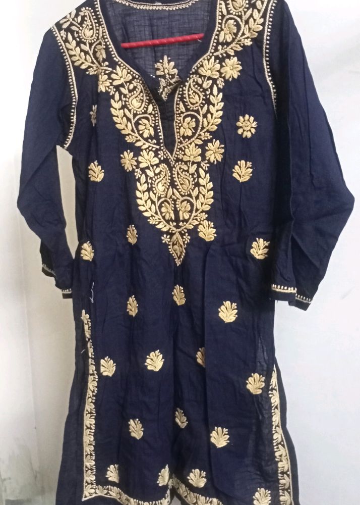 Navy Blue Chikankari Cotton Straight Kurta