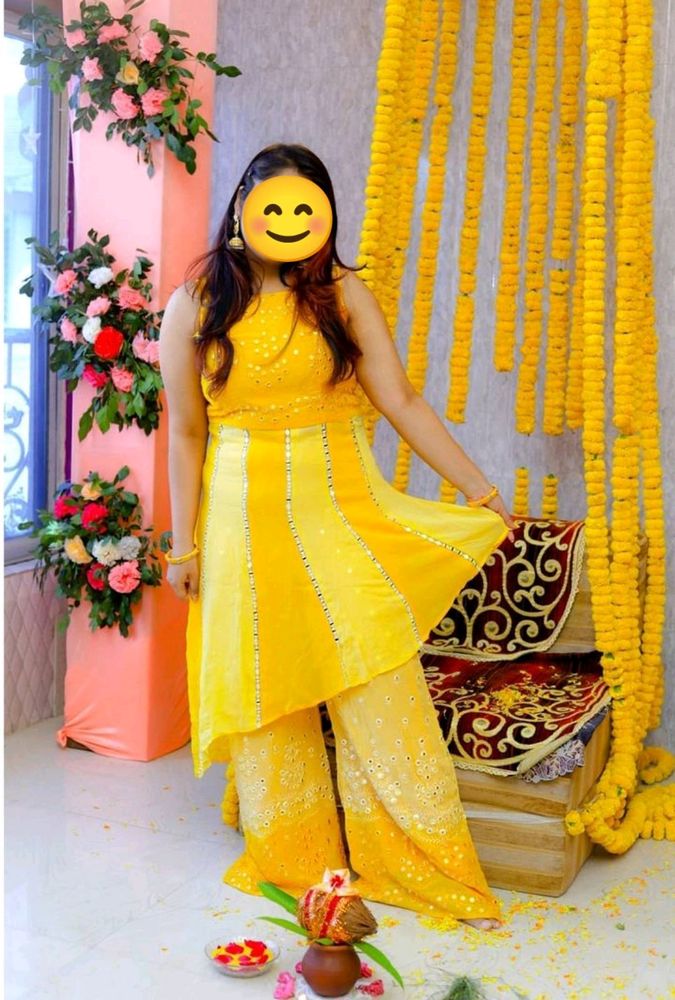 Designer yellow short kurti palazzo with dupatta