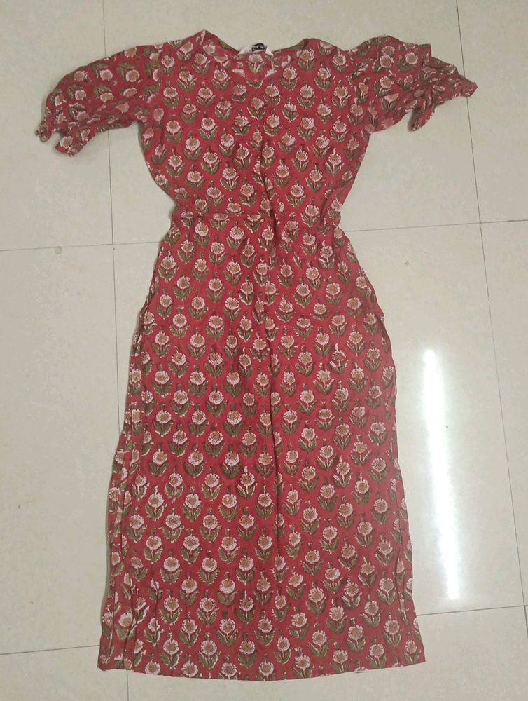 Red Printed Straight Kurti