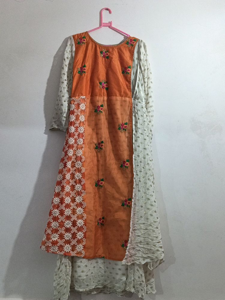 Orange And Off White Anarkali Gown