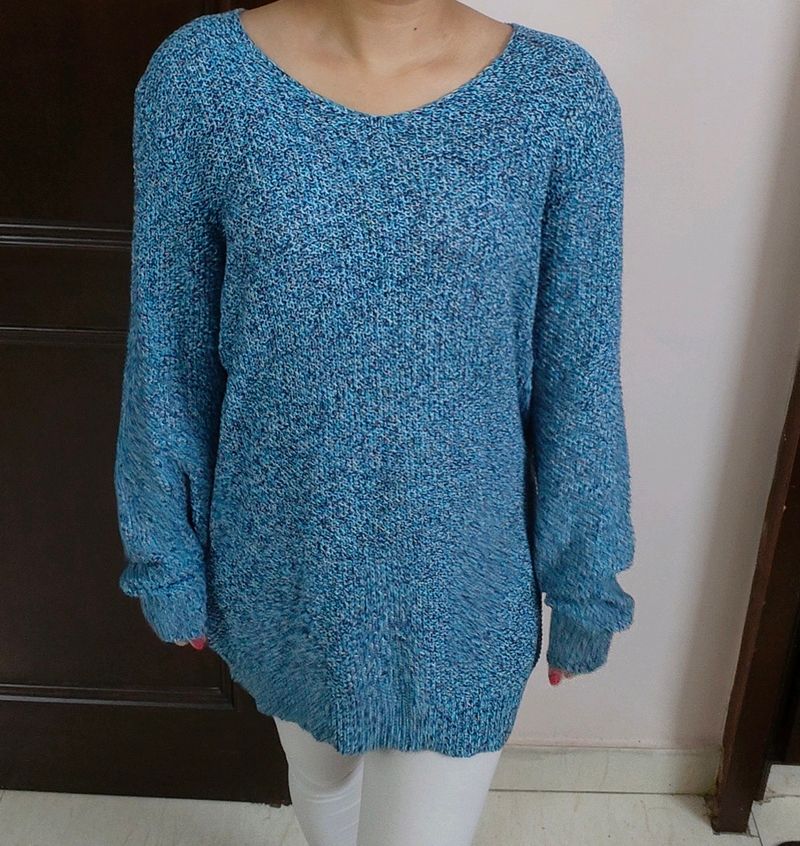 Women Blue Oversized Knitted Cotton Sweater