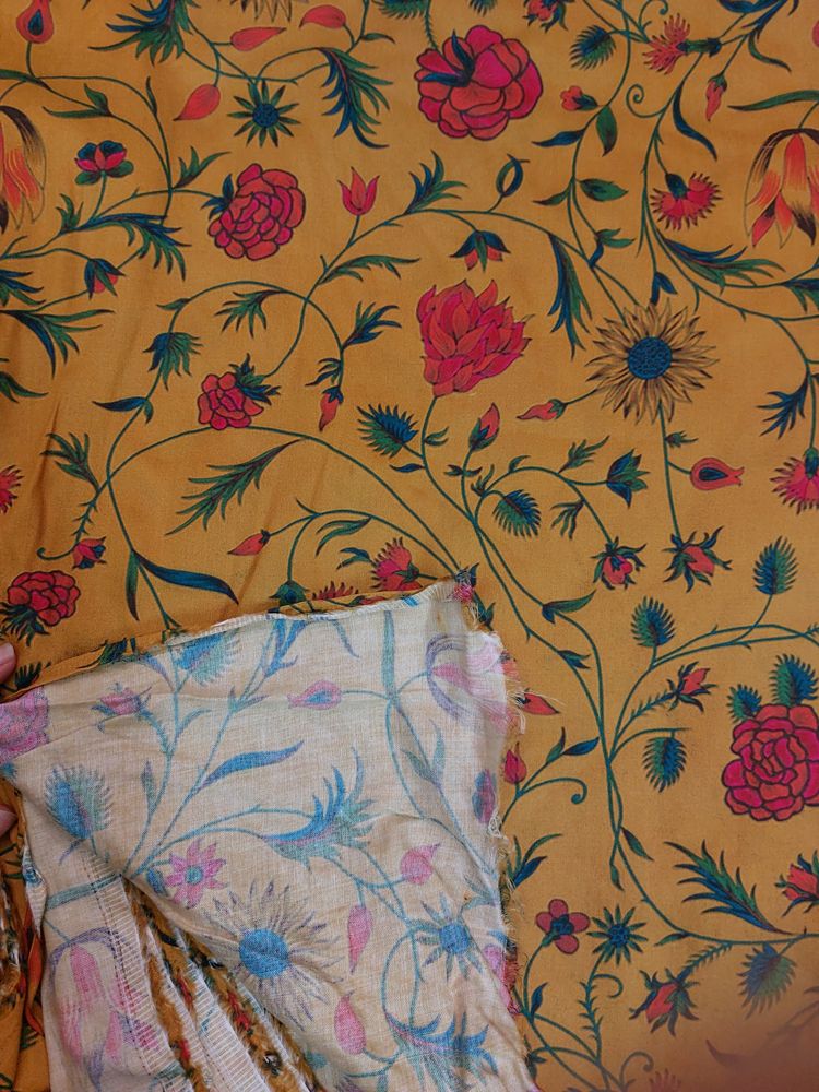 Mustard Floral Cotton Satin Fabric