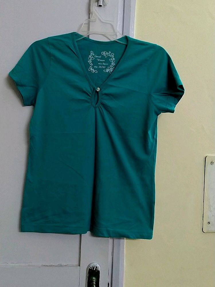 Eyelet Neck Sea Green T Shirt