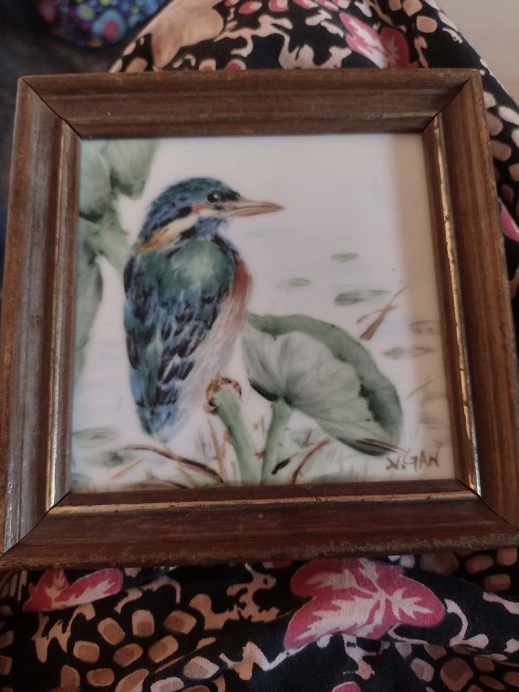 Vintage Kingfisher Painting Ontile by Nancy Gan