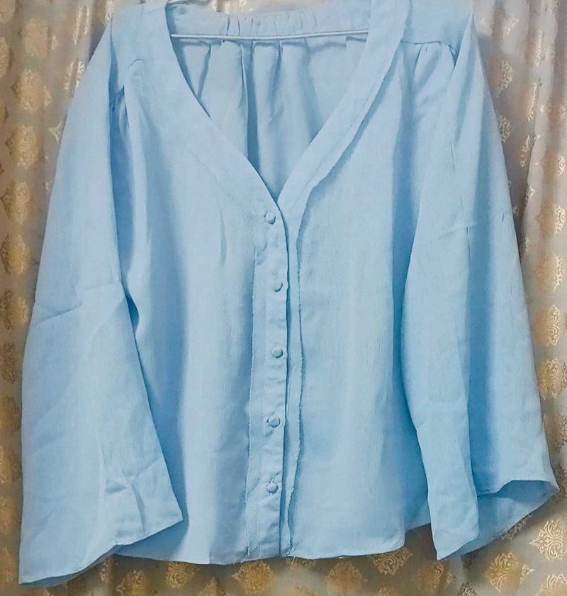 Light Blue Deep V-Neck Shirt For Casual Wear