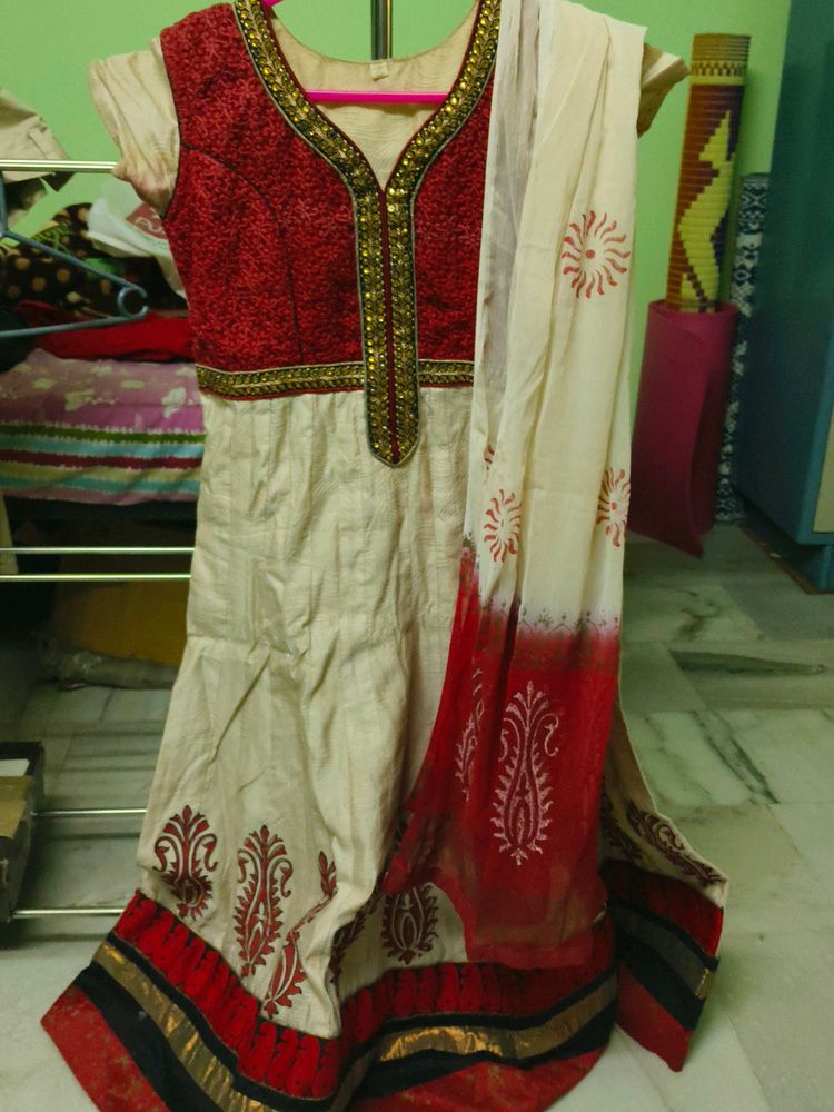 Cream And Red Anarkali