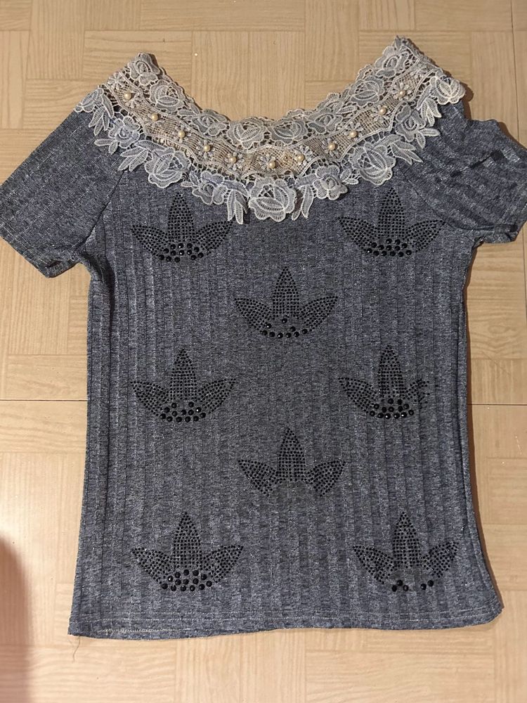 Lace And Pearl Detailing Boat Neck Top