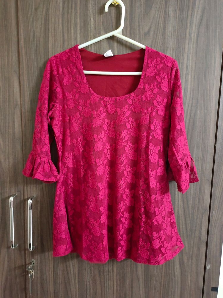 Casual Red Lace Top With Bell Sleeves