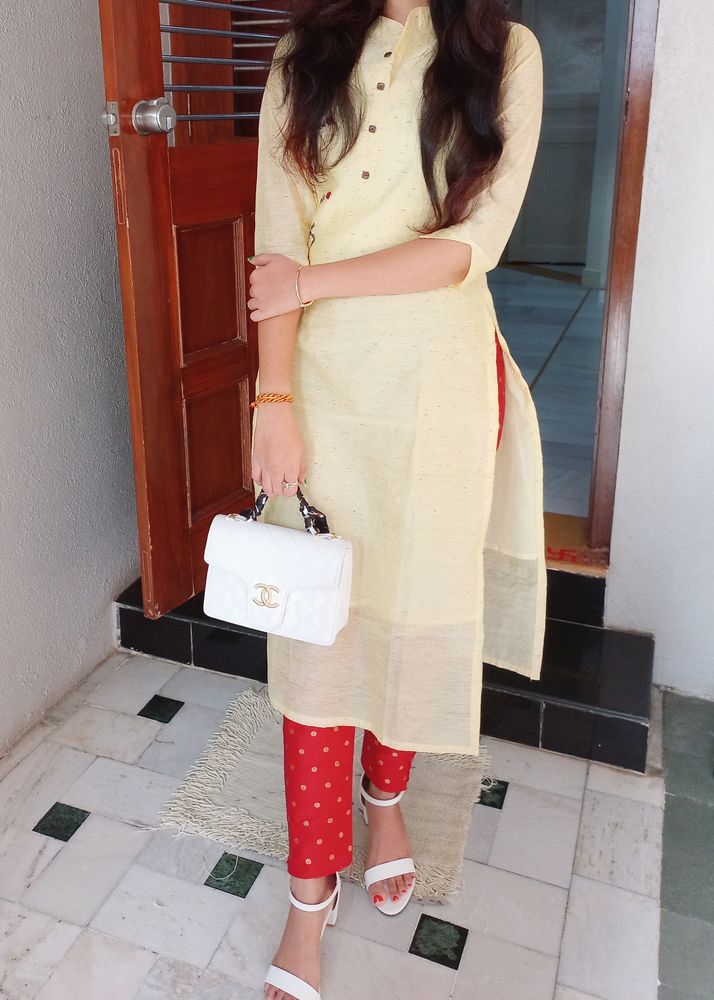 Yellow Kurta With Red Pant Set