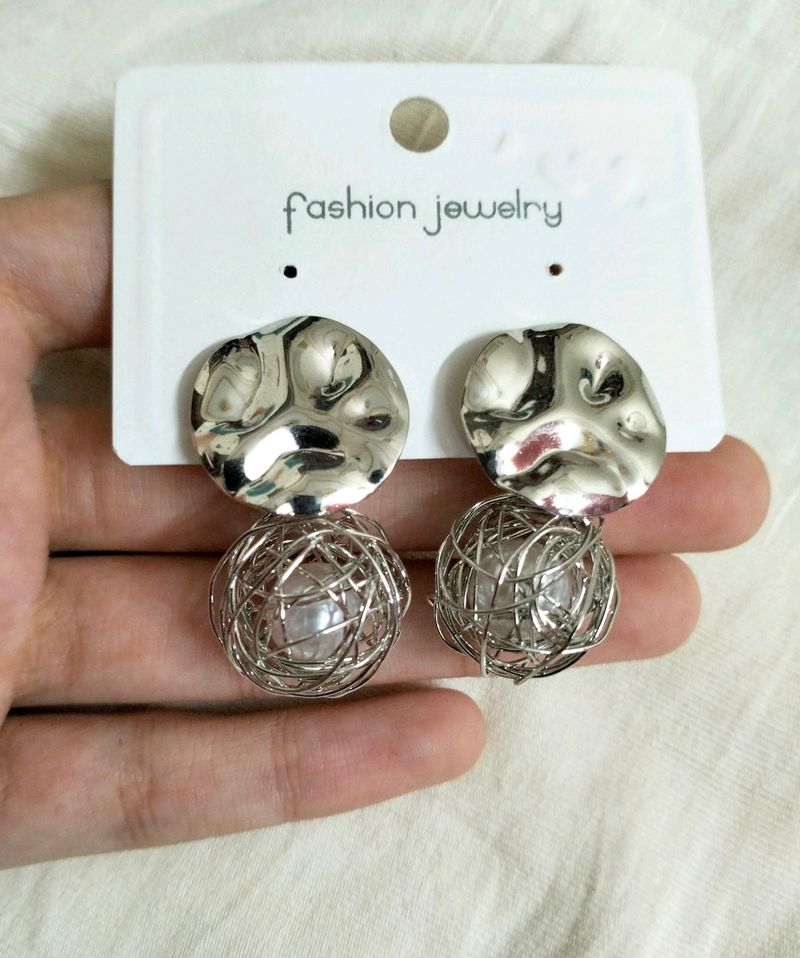 Silver Caged Pearl Earrings