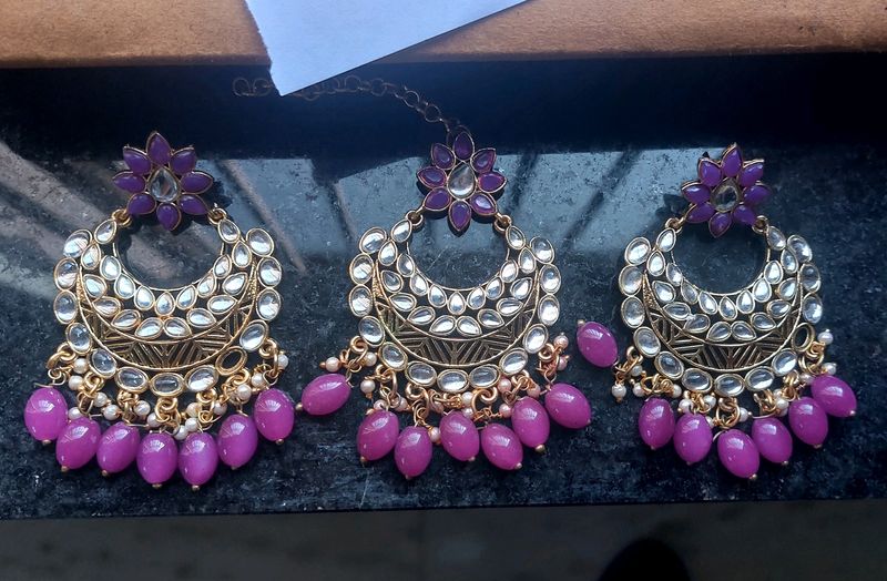 Purple Colour Kundan Earrings With Maangtika