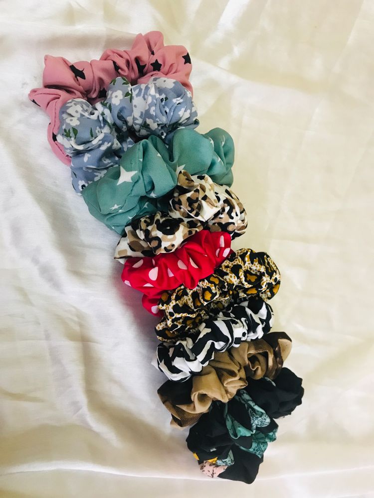 Pack Of 9 Printed Scrunchies Combo Regular Size