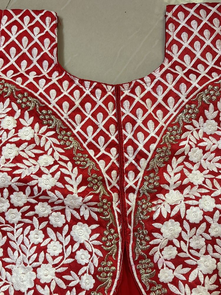 Red Anarkali Kurta With White Embroidery