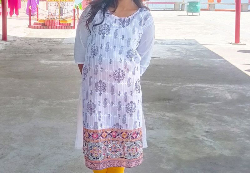 White Kurti With Multiple Colour Border