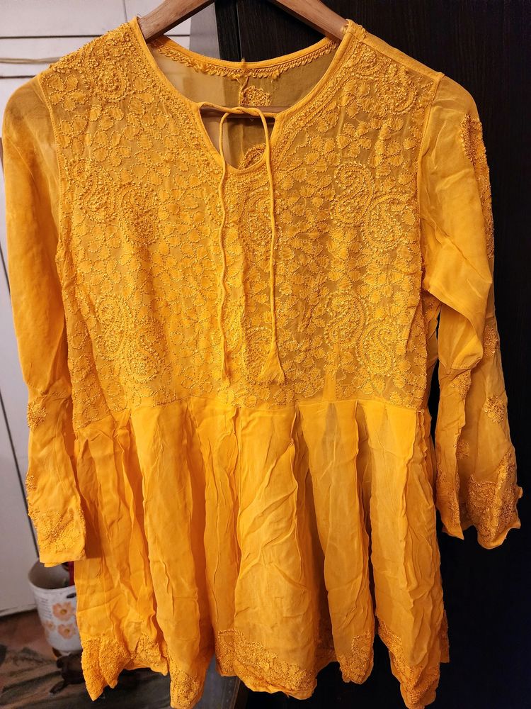 Saffron Chikankari Peplum Top