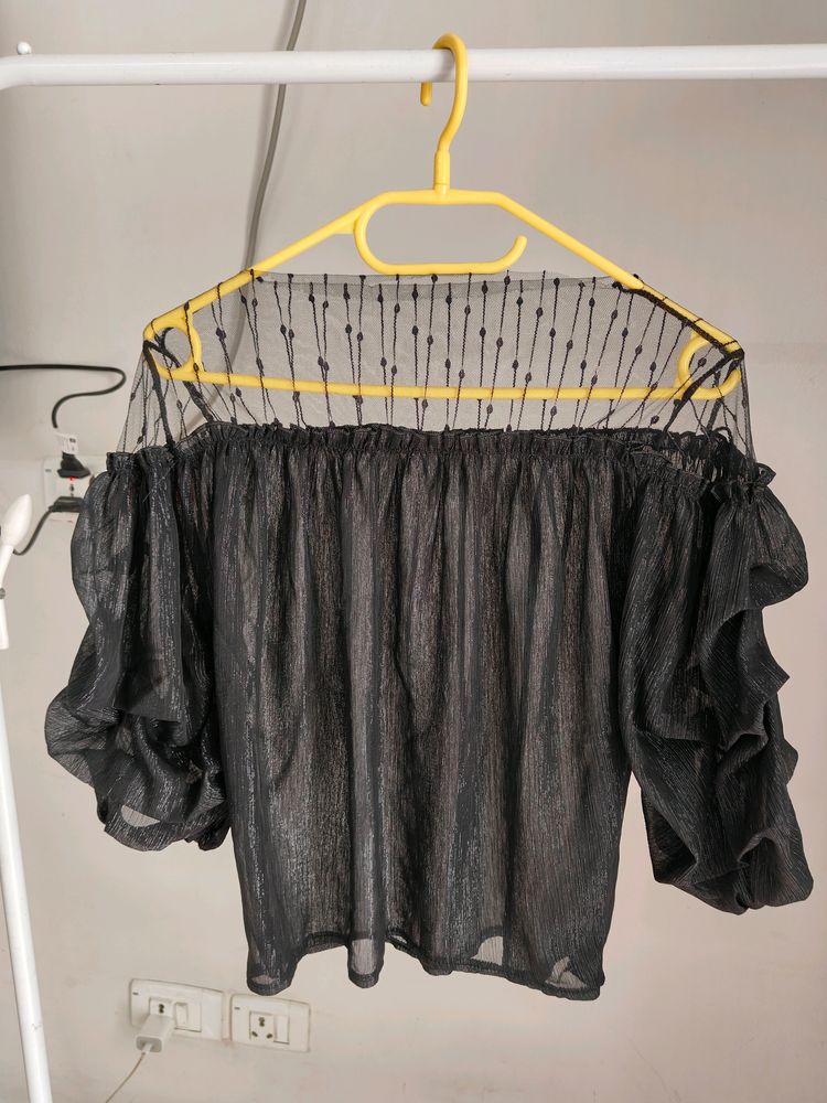 Black Metallic Ruffled Sleeves Top