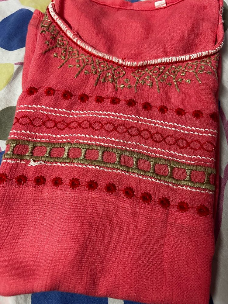 Embroidered Coral Tunic Kurti (Never Used)