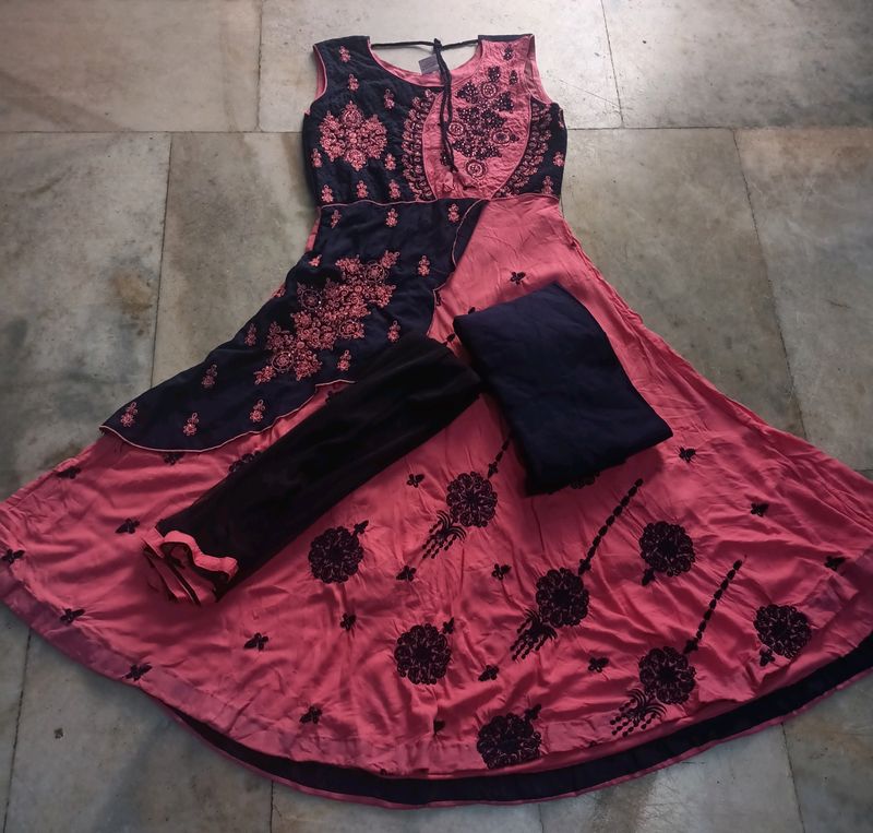 Readymade Pink And Navy Blue Anarkali Set with Pajama And Dupatta