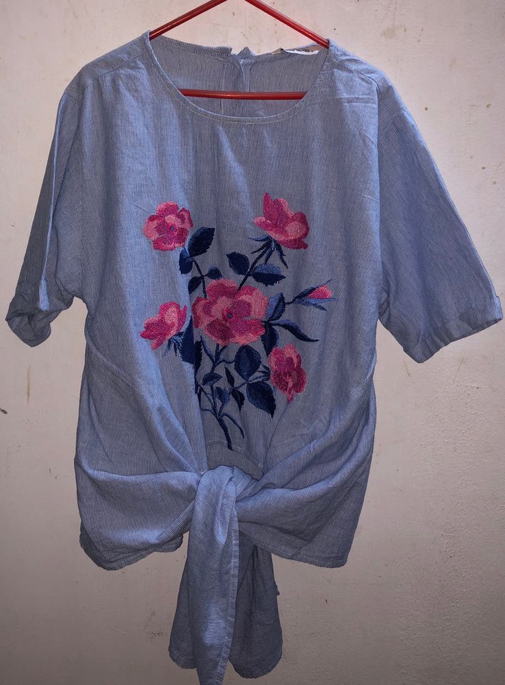 Floral Embroidered Top With Front Tie-up