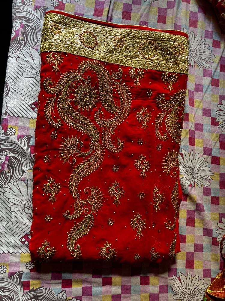 Red Wedding Heavy Stone Work Saree With Blouse