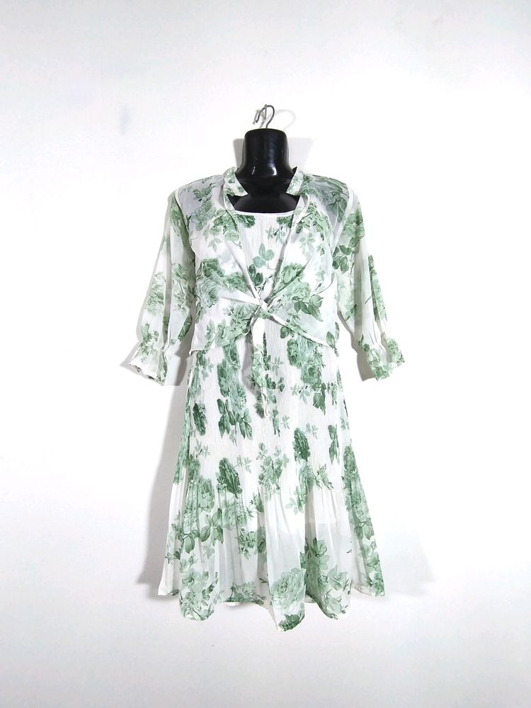 White With Green Printed Dress (Women's)