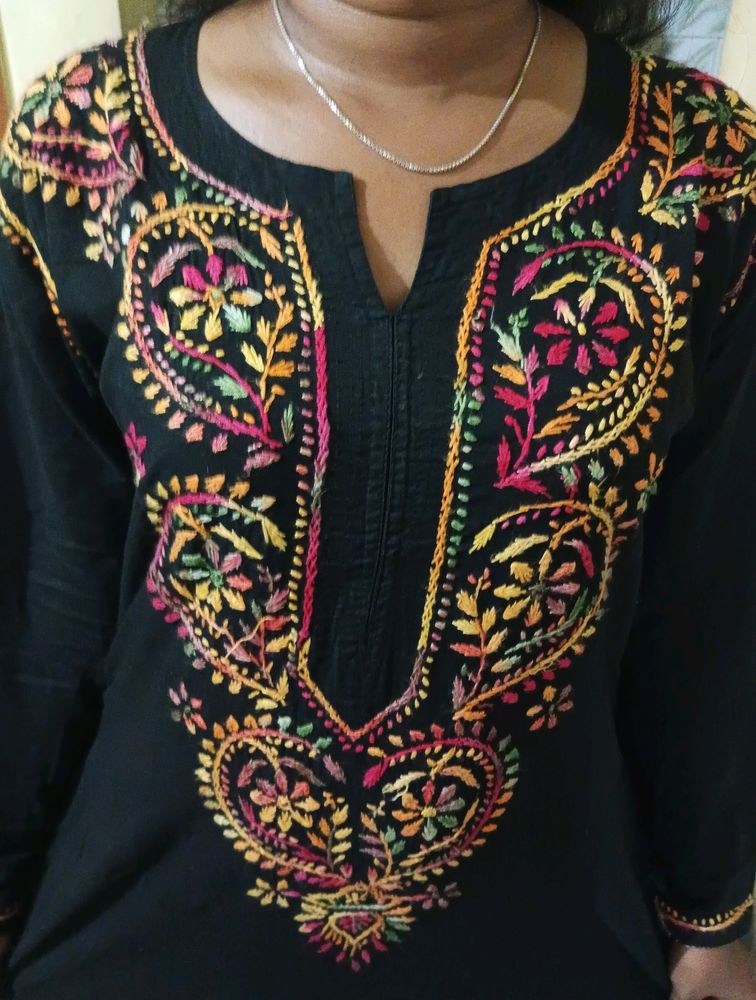 Cotton Black Multi Chikankari Kurti