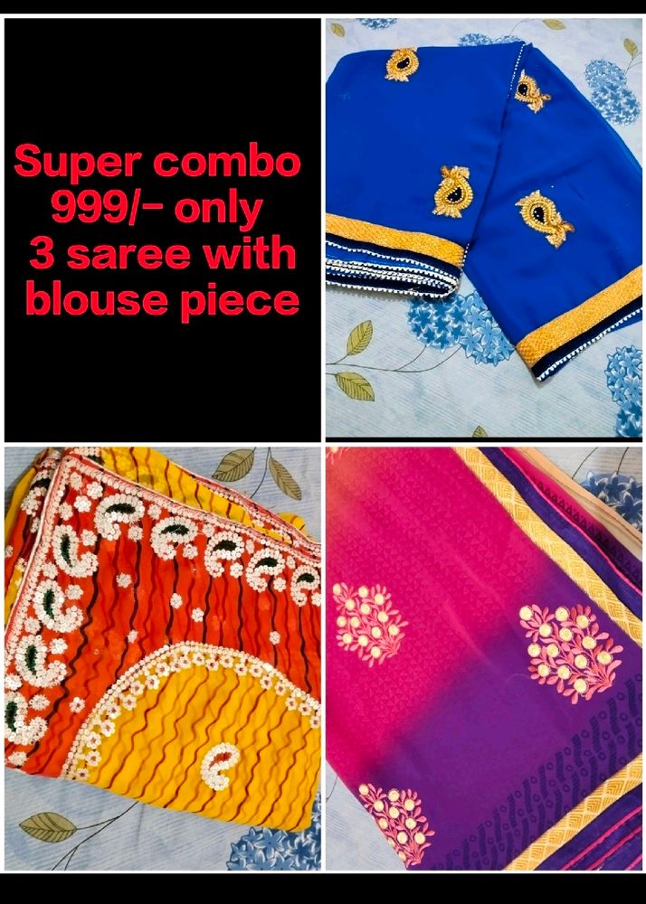 Super Combo Of 3 New Saree With Blouse Piece