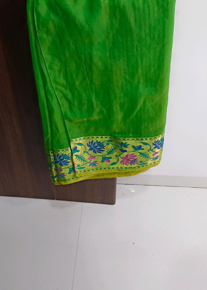 Green Saree With Golden Border