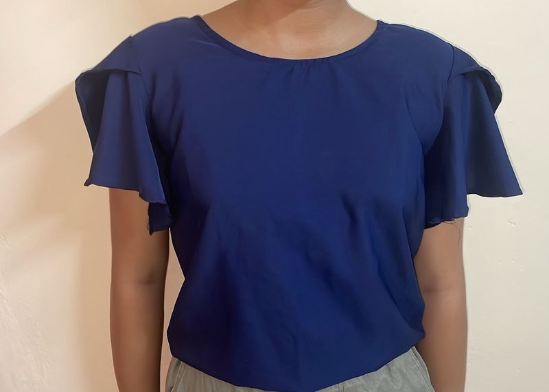 Blue Ruffled Sleeve Top