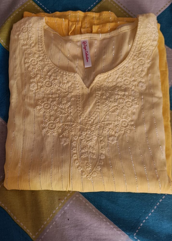 Yellow Lakhnavi Embroided Short Kurti