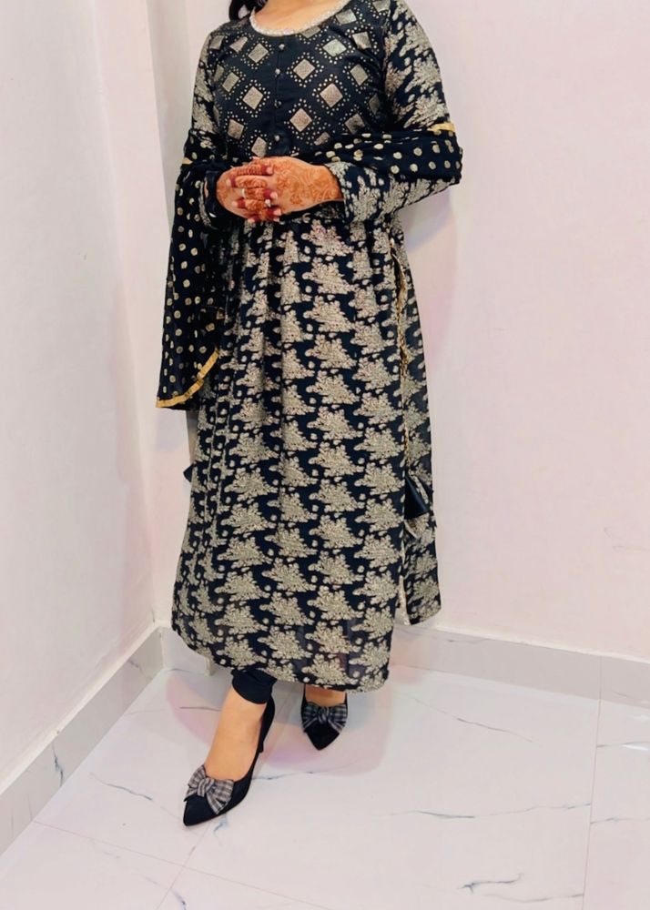 Black Ethnic Dress With Golden Print