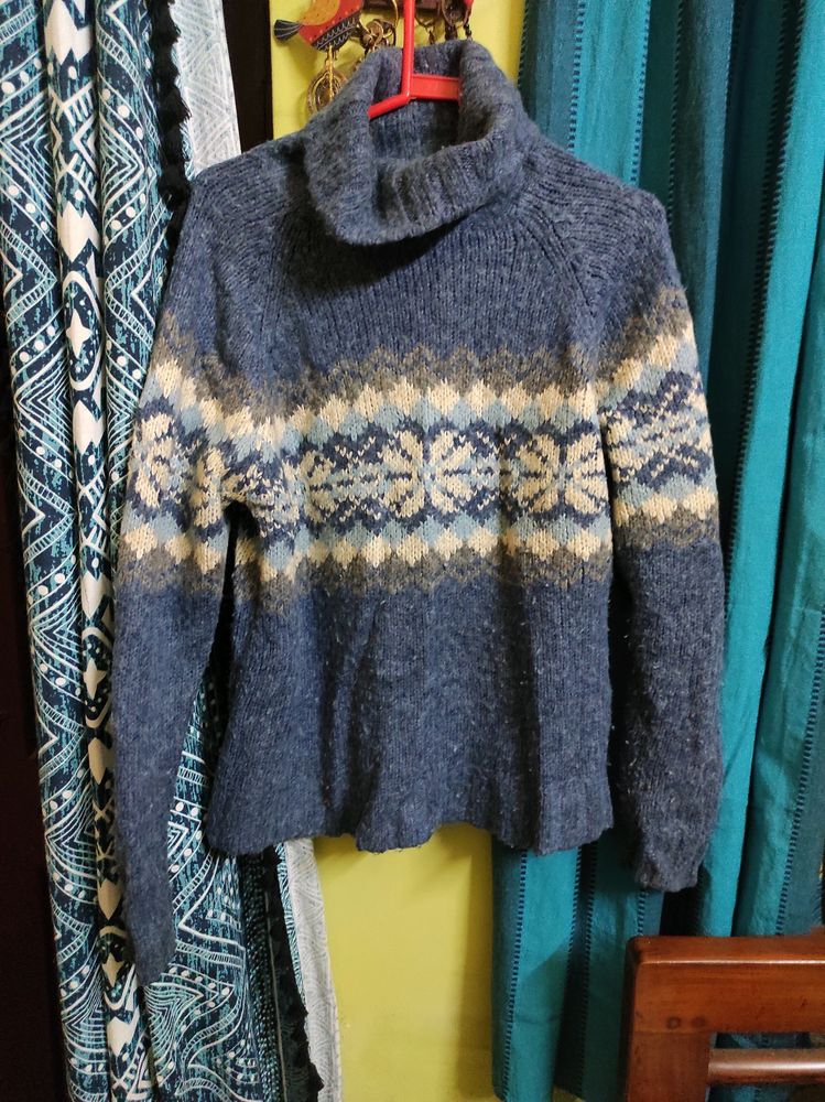 Blue High-Neck Woollen Pullover