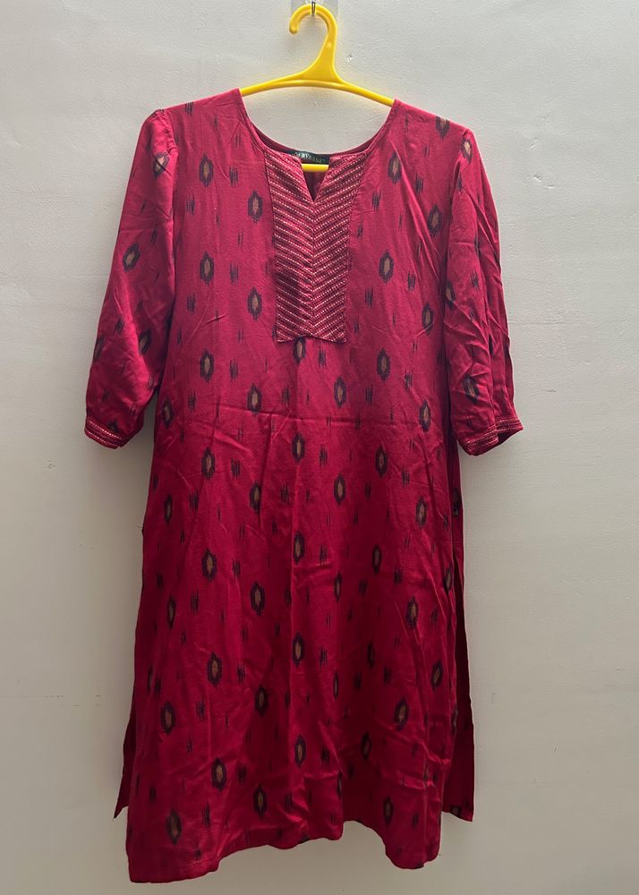 Red Kurta With Floral Kurti