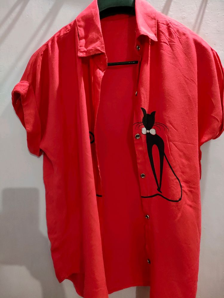 Red Colour Shirt With Cat