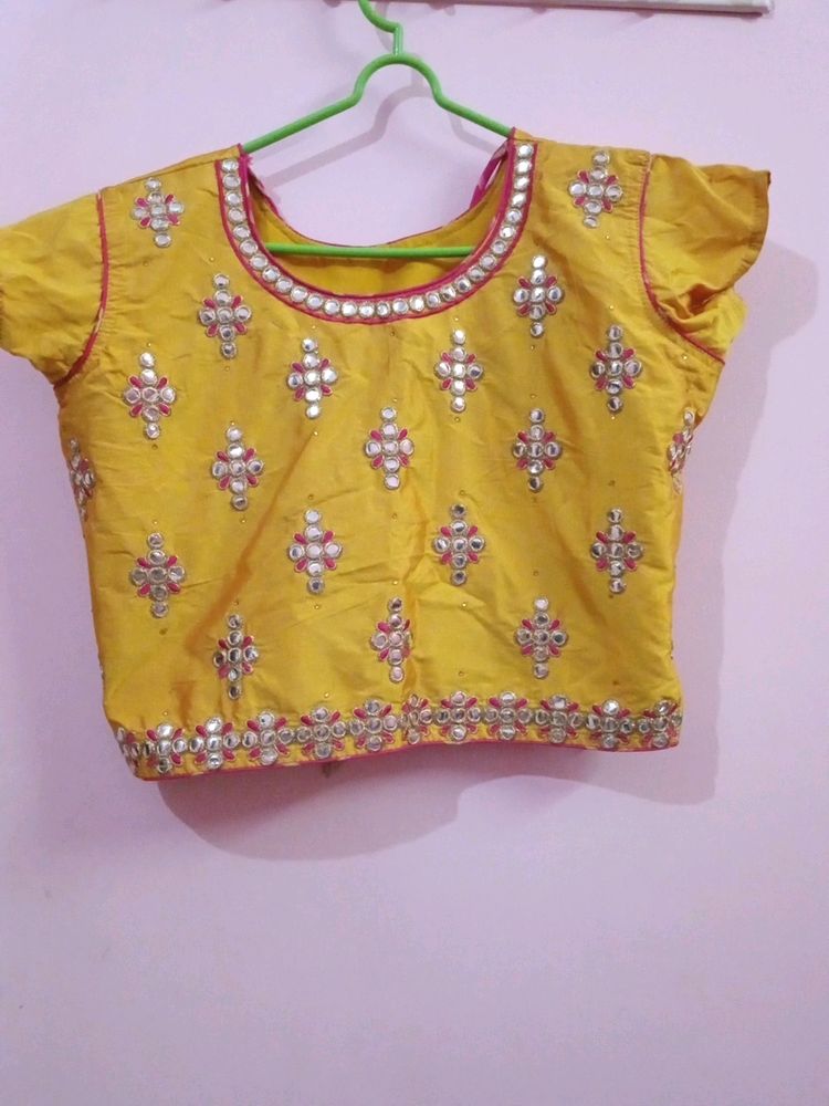 Mustard Yellow Choli With Pink Skirt