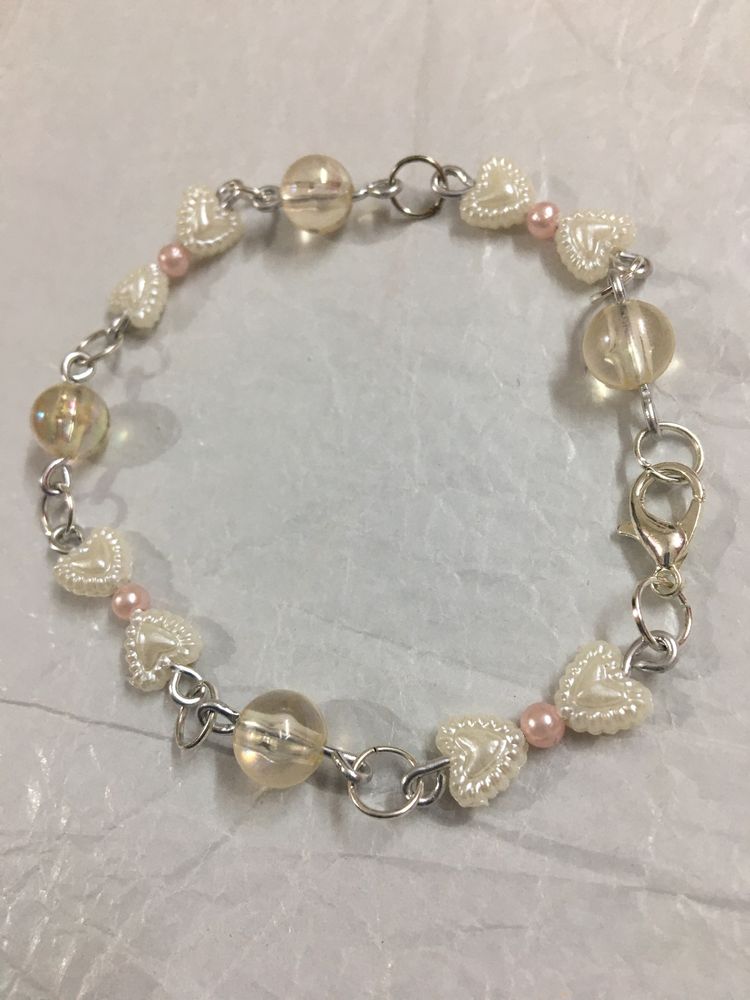 Heart And White Pearl With Crystal Bead Bracelet