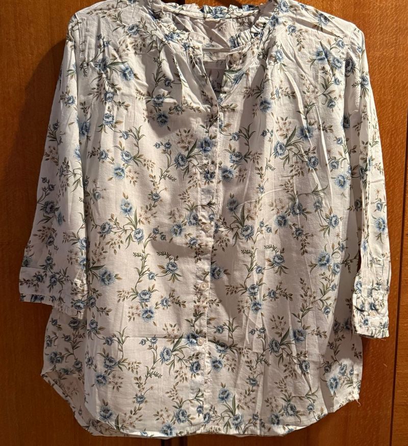 White Flower Print Office Shirt