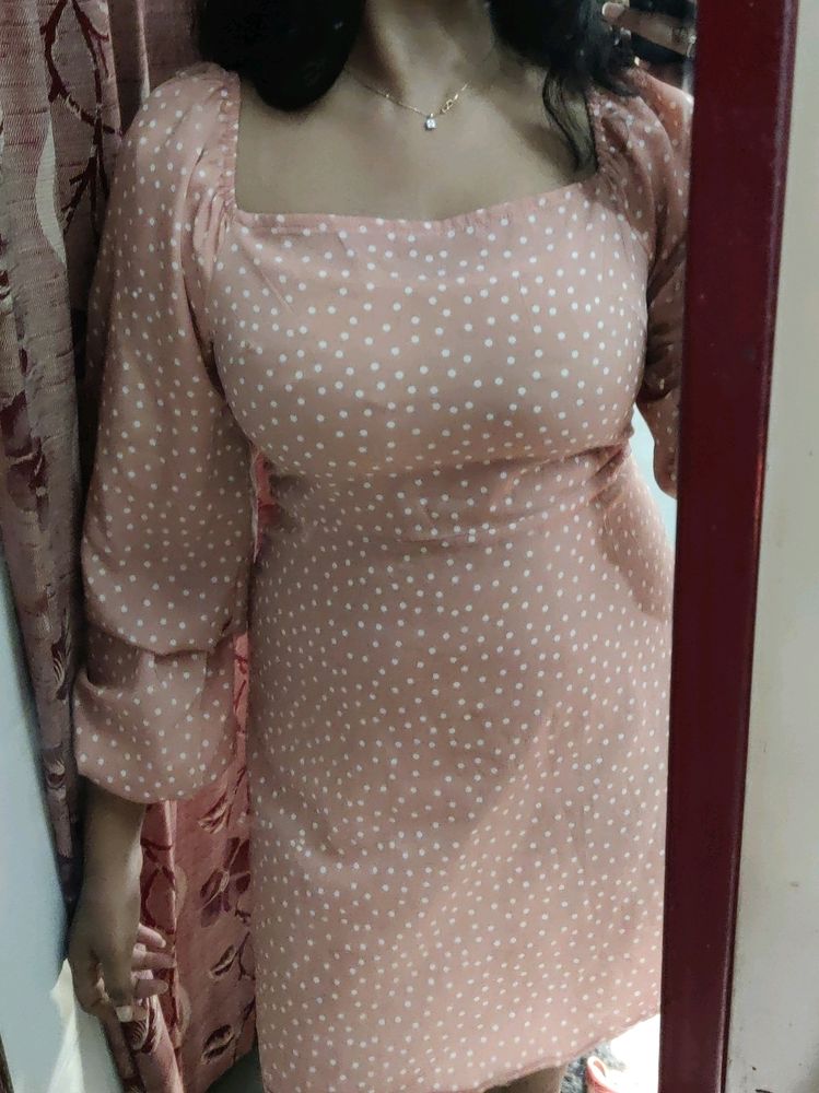 Cute Peach Polka Dotted Dress