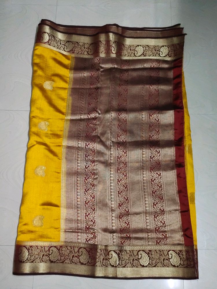 Mustard Yellow Maroon Colour Saree