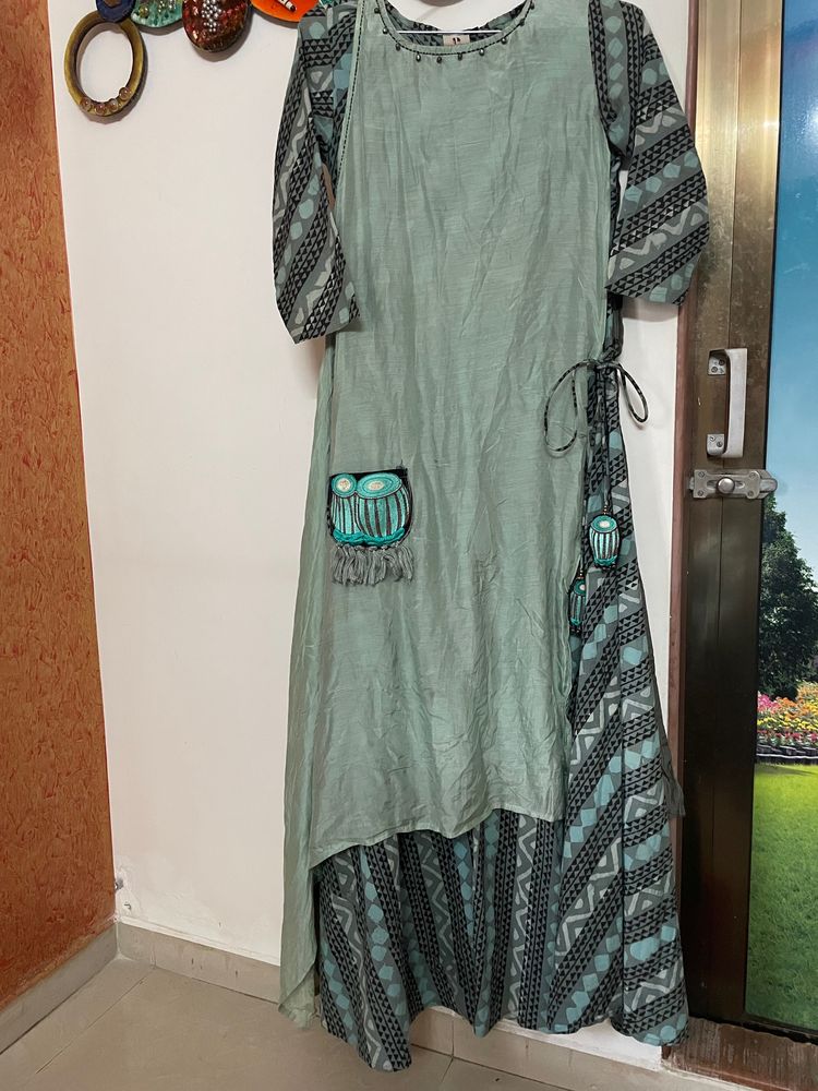 Pista Green And Grey Floor Length Kurti