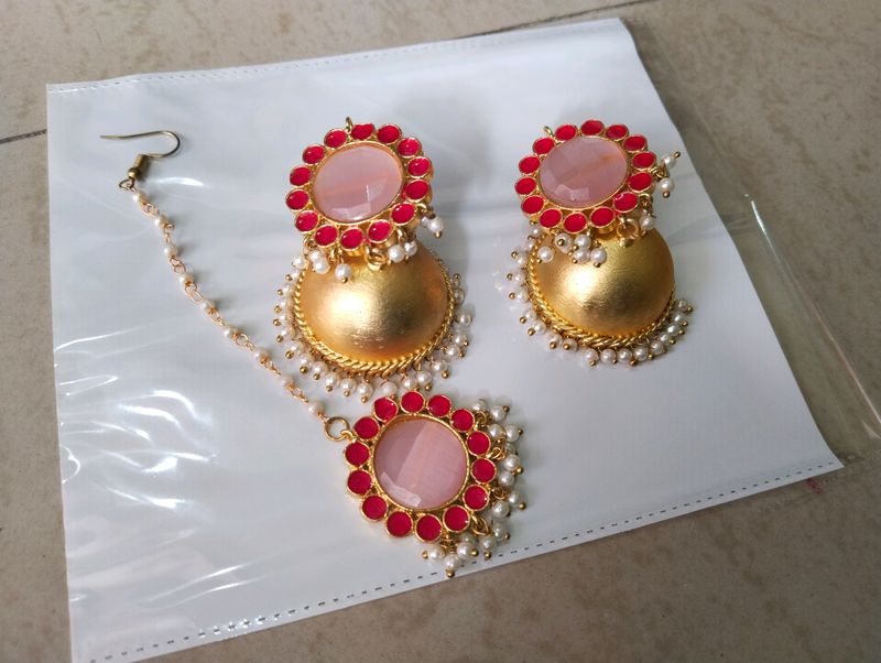 Brass Jhumka Maangtika Set