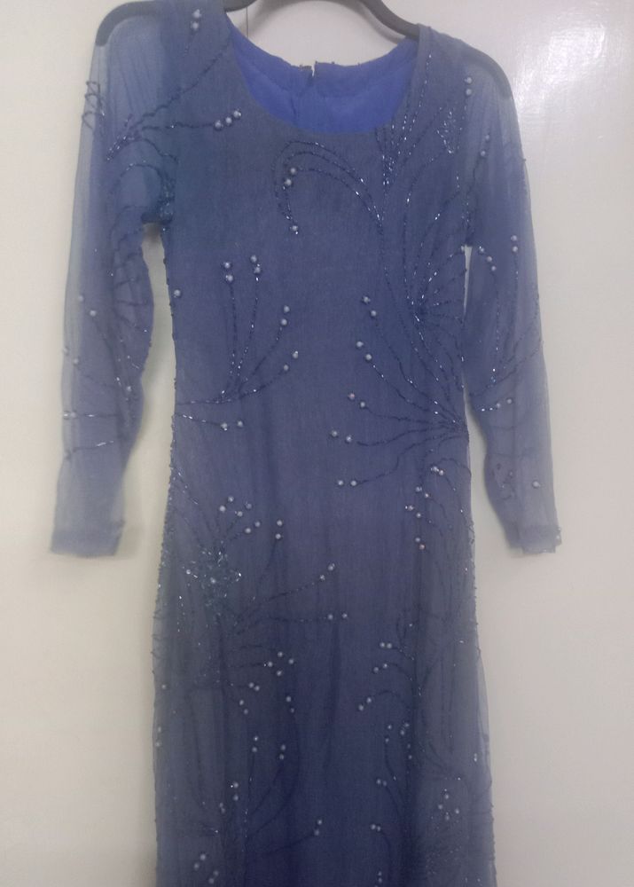 Blue Handwork Net Gown with crush lining, Duppatta