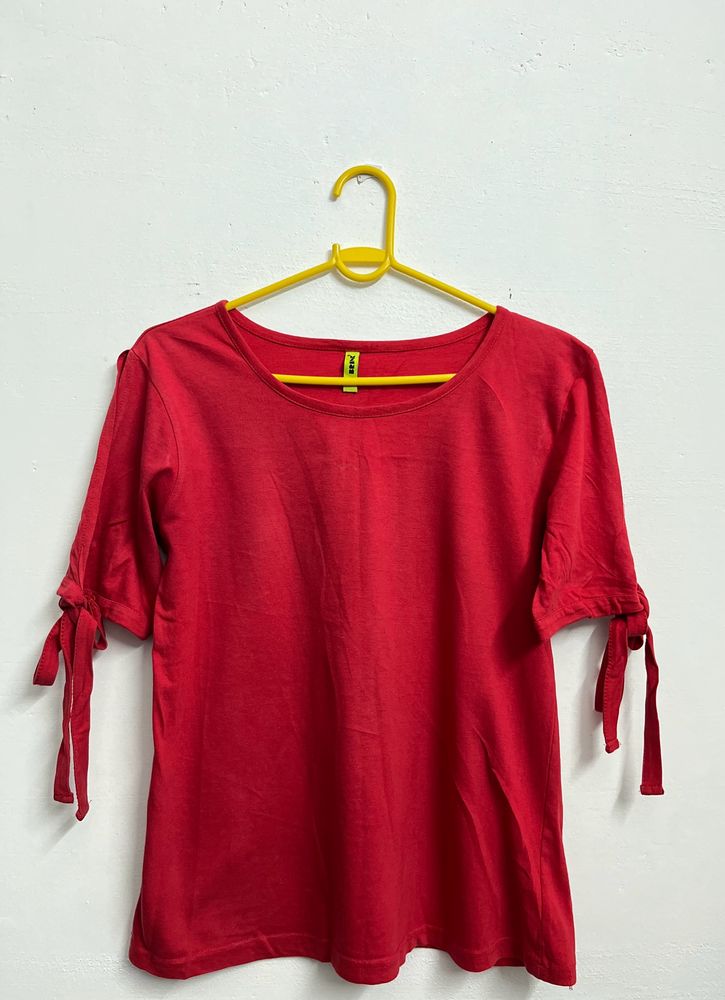 Red Regular Top With Tie-Up Sleeves