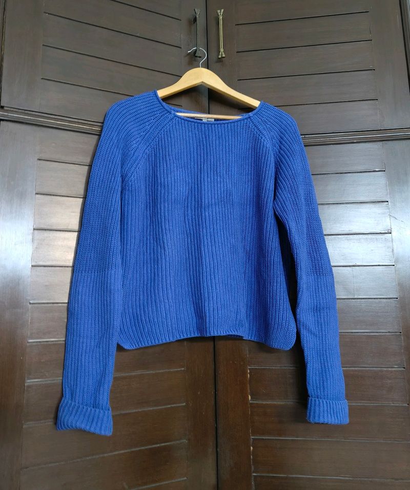 Women Blue Oversized Knited Rib Cotton Sweater