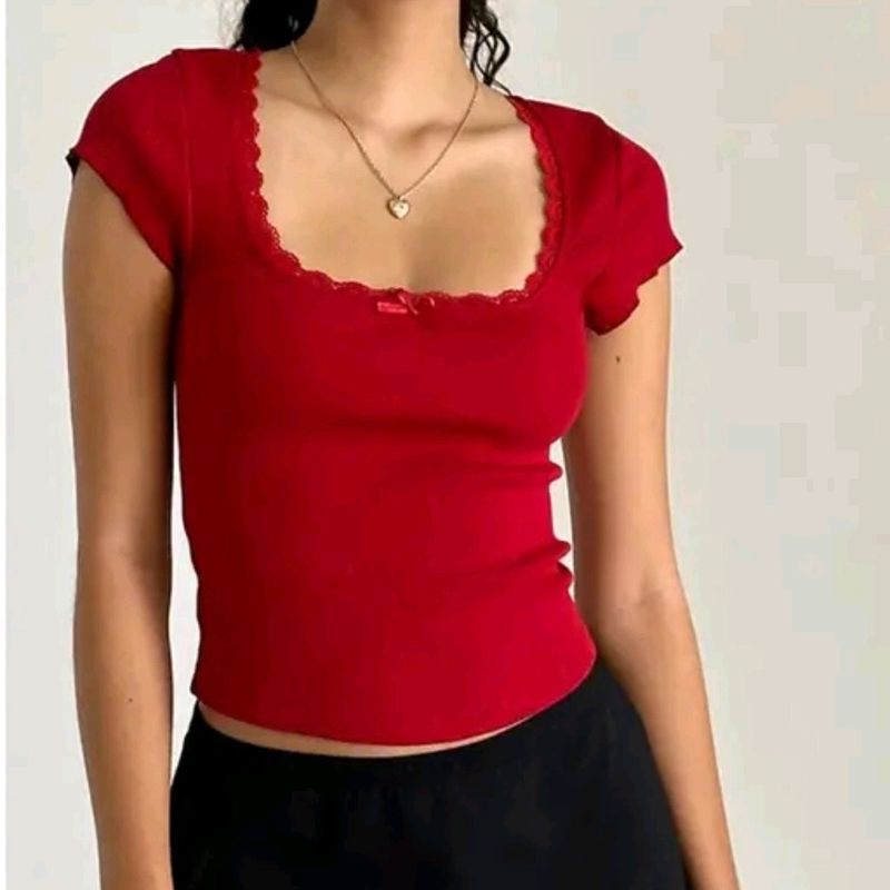 Red Lace Neckline Top