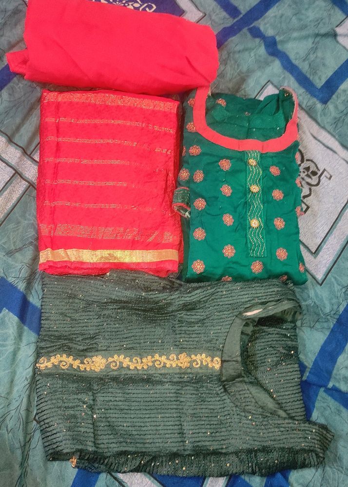 New 2 Kurtis With Red Salwar & Dupatta