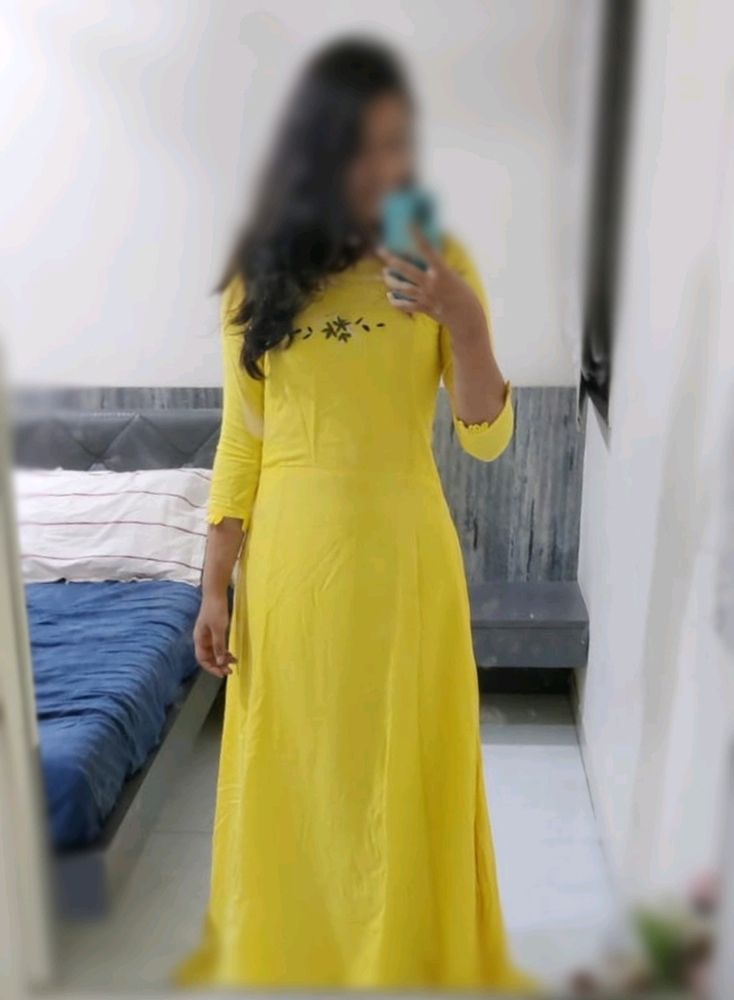 Designer Yellow Gown With Intricate Thread Work And Full Flare