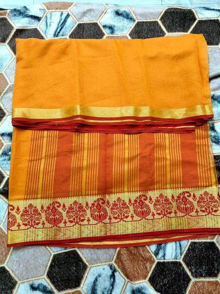 Mustard Yellow Cotton Blend Saree