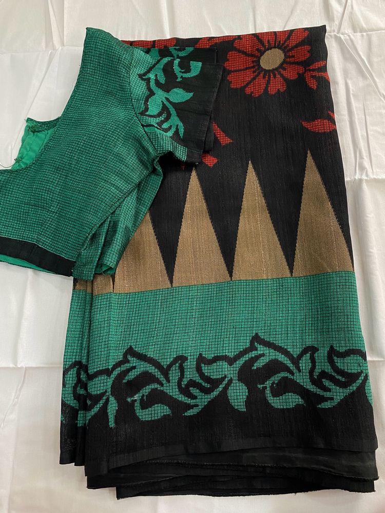 Black Saree With Green And Red Design